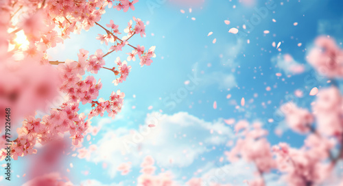  Pink spring cherry blossom. Cherry tree branch with spring pink flowers with empty space in the center. © Koray