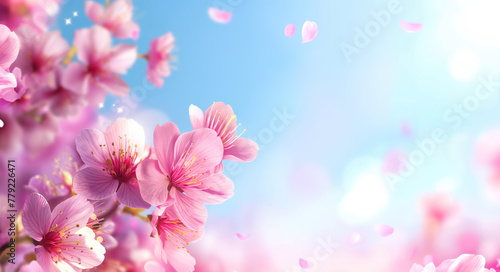  Pink spring cherry blossom. Cherry tree branch with spring pink flowers with empty space in the center.