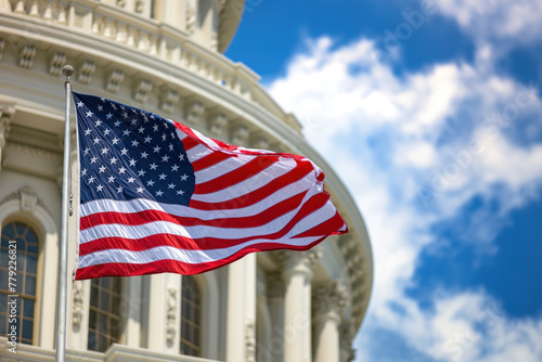 United States Capitol Complex. American flag is waving.  Democracy and election concept. 2024 president elections.