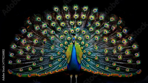 peacock spreading its majestic feathers - iredescent pattern - isolated on black blackground photo