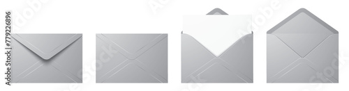 Vector set of realistic silver color envelopes in different positions. Folded and unfolded luxury envelope mockup isolated on a white background.