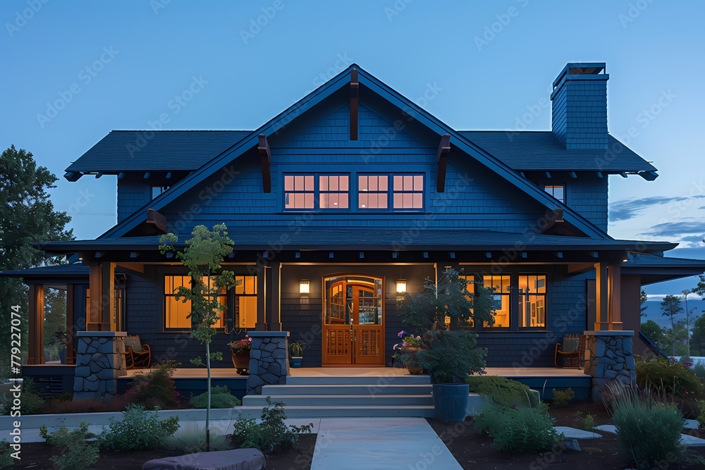 A bold craftsman-style home facade bathed in deep navy blue, mirroring the tranquility of the evening sky. A bold craftsman-style home facade bathed in deep navy blue, mirroring the tranquility of the evening sky.
