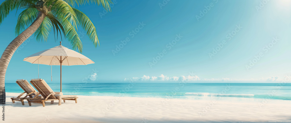 Fototapeta premium Relaxing view on a tropical beach with palms and umbrellas. Beautiful sun set. Summer vacation and travel concept.
