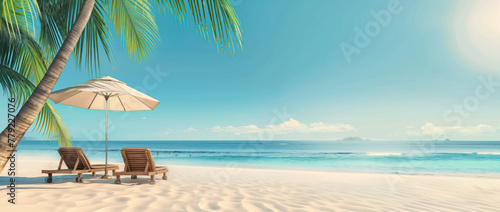 Relaxing view on a tropical beach with palms and umbrellas. Beautiful sun set. Summer vacation and travel concept.