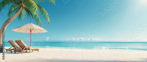 Relaxing view on a tropical beach with palms and umbrellas. Beautiful sun set. Summer vacation and travel concept.