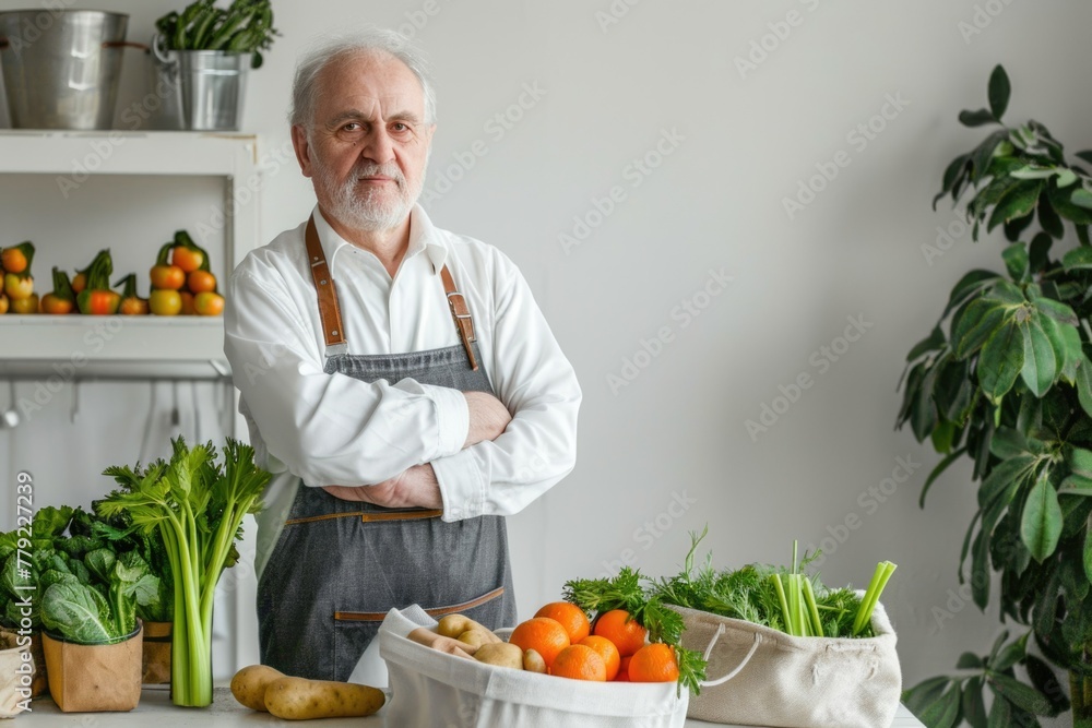 old man. canvas bag with fruits, vegetables and herbs. celery. nutritionist caring for nutrition in old age. ordering food old man. canvas bag with fruits, vegetables and herbs. celery. nutritionist caring for nutrition in old age. ordering food