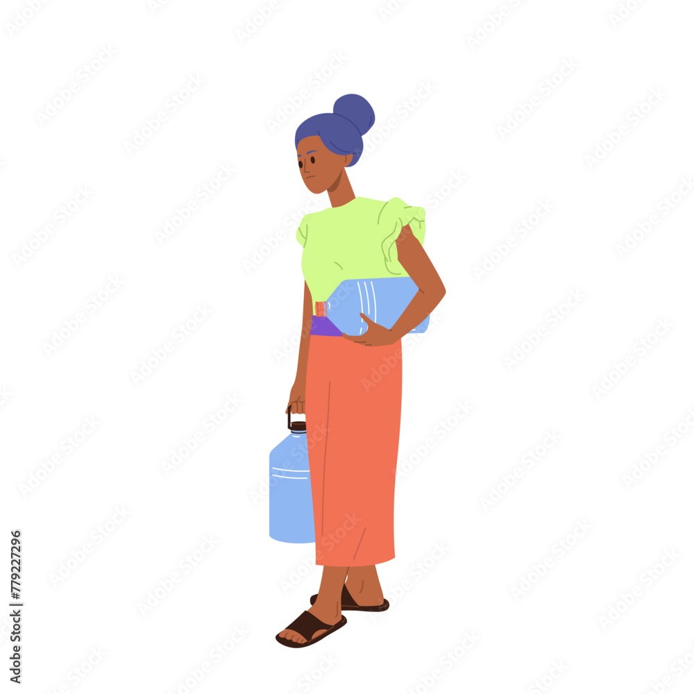 Young woman cartoon character with empty plastic bottles suffering from drought isolated on white Young woman cartoon character with empty plastic bottles suffering from drought isolated on white