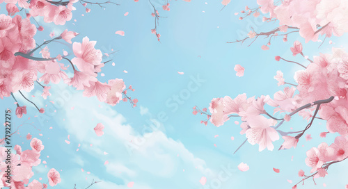 Pink spring cherry blossom. Cherry tree branch with spring pink flowers with empty space in the center.