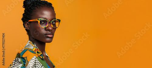 Fashion Forward: African Woman in Vibrant Patterned Blazer and Eclectic Glasses 