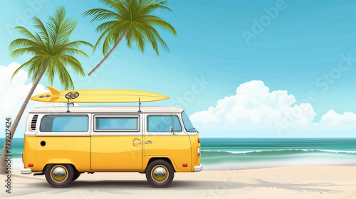 Illustration of a minivan on a beach between palm trees. Surfboard on the minivan.