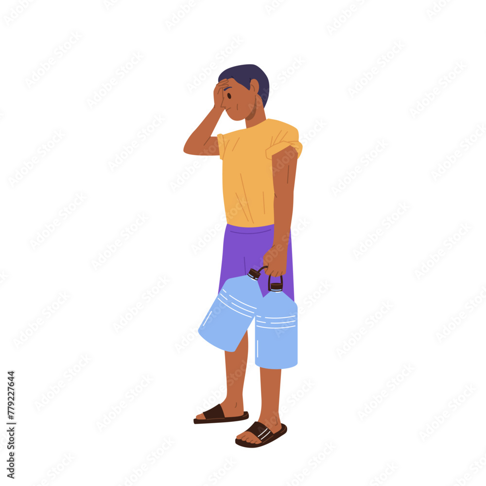 Young man cartoon character suffering from drought ecological natural disaster isolated on white Young man cartoon character suffering from drought ecological natural disaster isolated on white