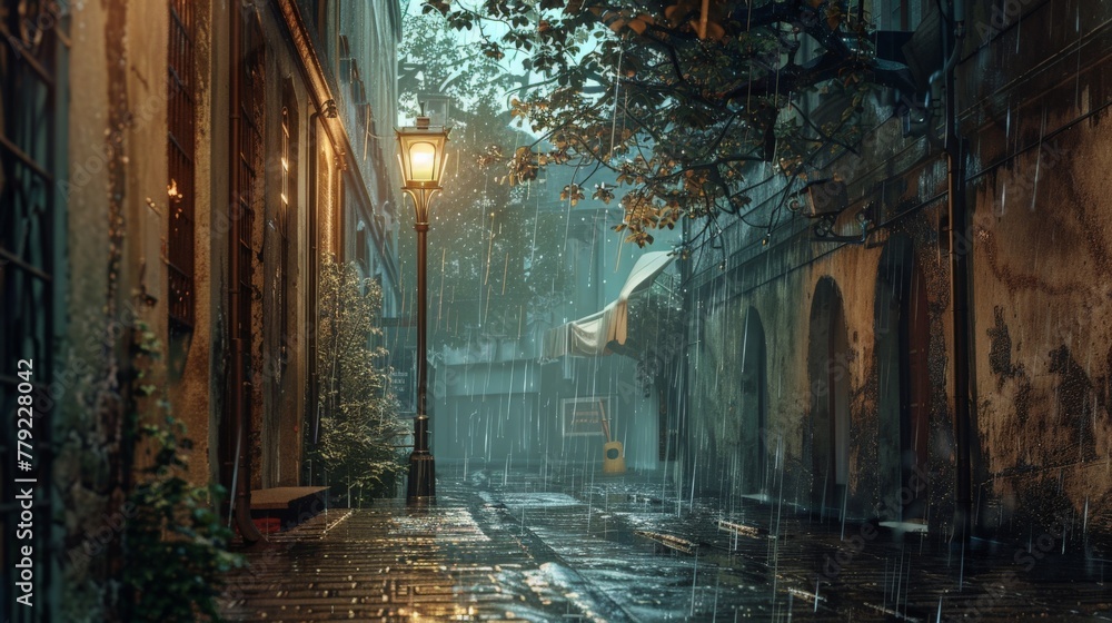 Rainy Street in Warm Evening Glow