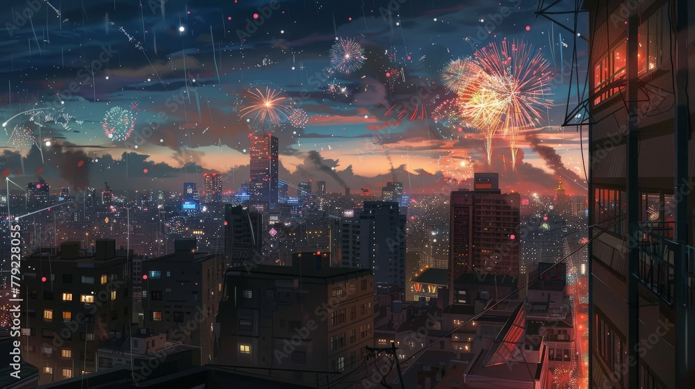 Fireworks Over Urban Skyline at Night