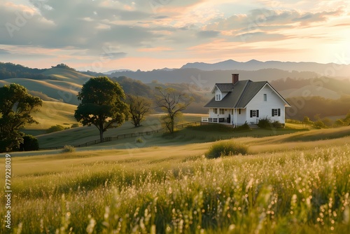 A craftsman house with a light-colored exterior, nestled in a peaceful countryside setting with rolling hills.