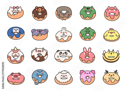 Cute kawaii donut with animal face. Cartoon funny food. Hand drawn style. Vector drawing. Collection of design elements.
