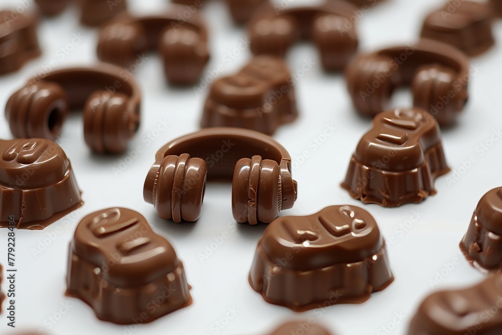 A bunch of chocolates in the shape of headphones on a table A bunch of chocolates in the shape of headphones on a table