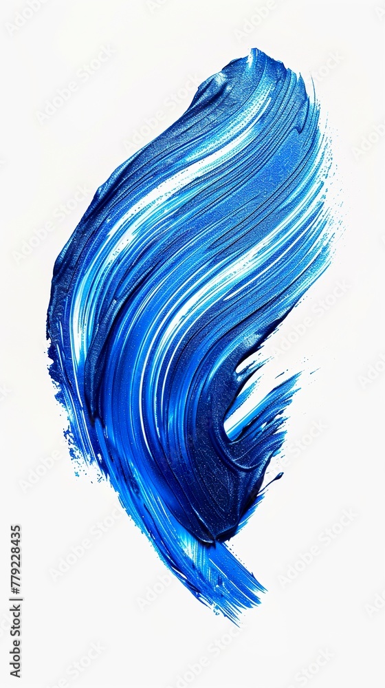 A soft and delicate blue brushstroke on a white background. Eye-catching bright blue brushstroke in a thin, wavy shape that suggests flowing liquid or dust.