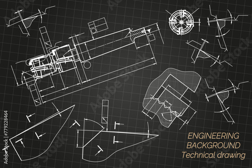 Mechanical engineering drawings on black background. Tap tools, borer. Technical Design. Cover. Blueprint. Vector illustration.