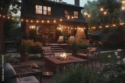 A craftsman house with a dark exterior  featuring a cozy outdoor seating area with a fire pit and string lights.