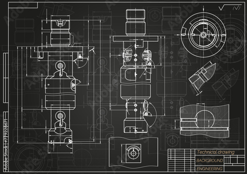 Mechanical engineering drawings on black background. Tap tools, borer. Technical Design. Cover. Blueprint. Vector illustration.