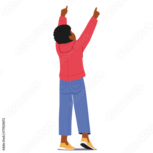 Child Boy Character Extends An Arms Upwards Back View, Fingers Pointing Skyward, Embodying Curiosity And Wonder