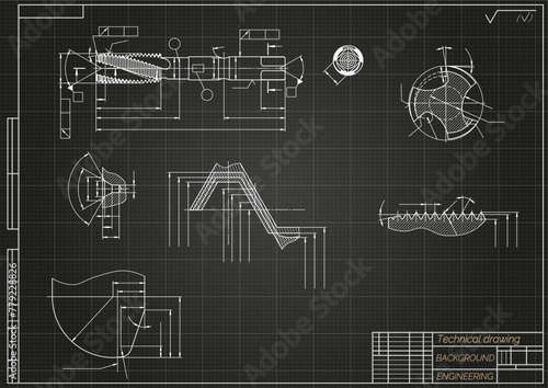 Mechanical engineering drawings on black background. Tap tools, borer. Technical Design. Cover. Blueprint. Vector illustration.