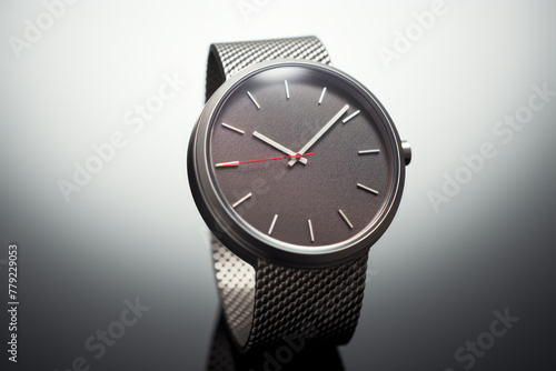 Analog watch with mesh band in silver metal rests on table. Luxury redefined minimalist wristwatches exude sophistication against single toned background