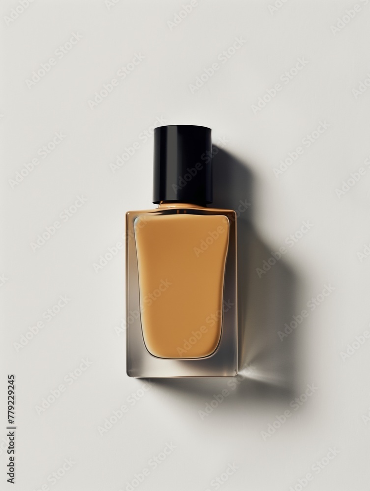 Minimalist close-up of a foundation bottle with a black cap on a light background. Minimalist close-up of a foundation bottle with a black cap on a light background.
