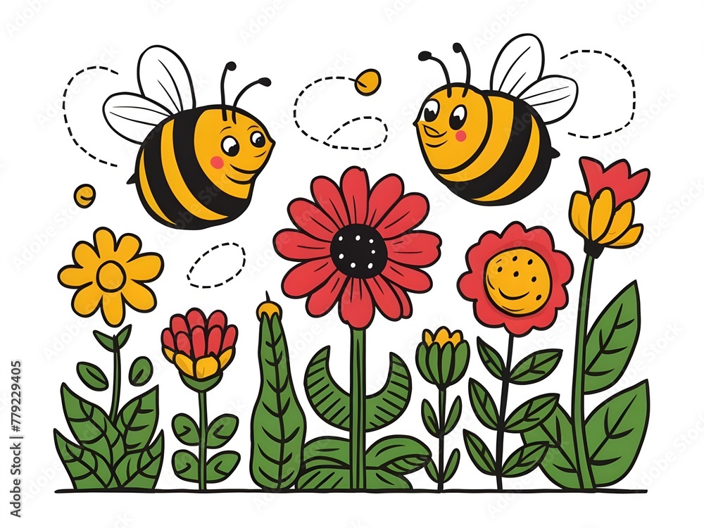 Honey bee on spring flowers illustration