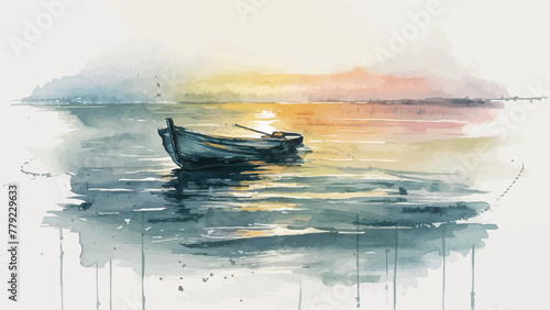 A Serene Watercolor Masterpiece: Tranquil Dawn and Drifting Boat