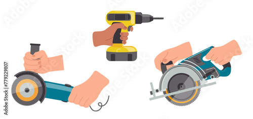 Cartoon builder hands carrying drill, circular and miter saw electric tools isolated on white