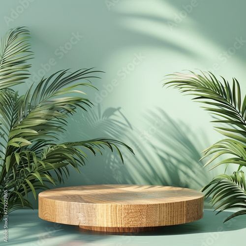 Wooden podium with tropical plants for product presentation on a light green wall background.