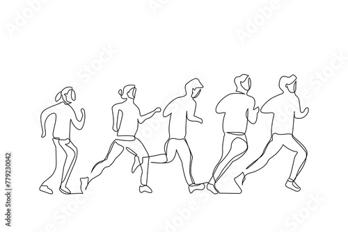 athlete people race run together sport activity full body length one line art design vector