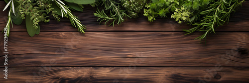 Dark wooden background with aromatic herbs around the edges. Copy space, banner