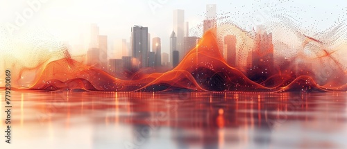 With gradient lines and an intricate wave pattern design, smart city and abstract dots connect to connect to big data technology.