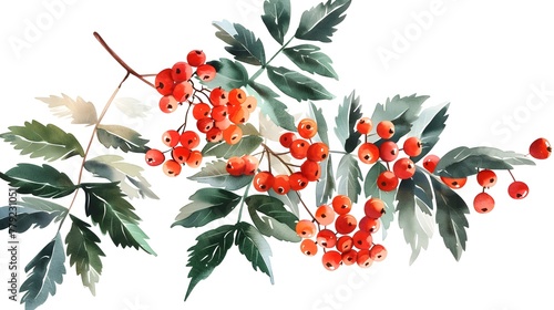 Watercolour branch of rowan leaves berries branch isolated illustration on white background Hand painted Christmas clip art for design or printWatercolour branch of rowan leaves berries branch isolate