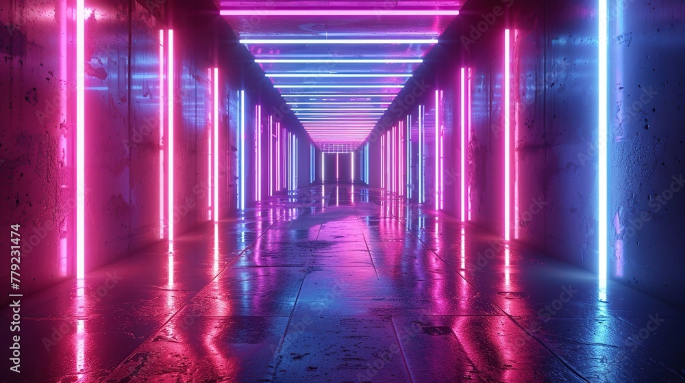 Abstract futuristic tunnel with neon lights, glowing pink and blue colors. Glowing illuminated empty virtual space background for design. Digital illustration of retro futuristic corridor