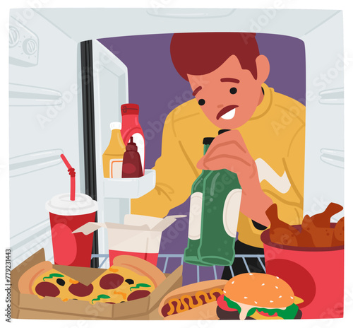 Male Character Taking Beer Bottle from refrigerator. Man Peering Into The Fridge Cool Depths, Rummages Among Shelves