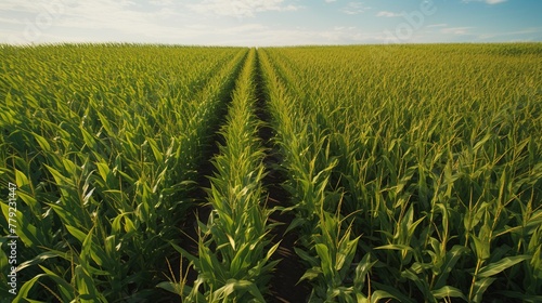 Corn shoots grow well in large areas of field. photo