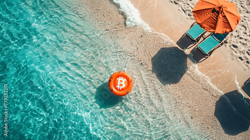 overhead photographic shot of a tropical beach, Bitcoin symbol writen on the beach chair umberellas, large water floatie shaped in the number 16, floating in the ocean. Dynamic shadows, bright sunlit  photo