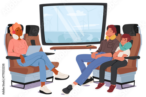 Traveler Characters On Train, Nestled Against Window, Leaning On Seats with Their Travel Pillows. People Seeking Comfort