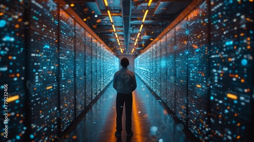 View of the back of a male specialist using his laptop in a big data center office. Concept of high speed data transfer, server transfer, science breakthrough, progress, and innovation. photo