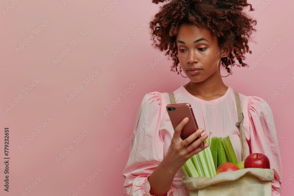 dark-skinned woman orders groceries online. celery, fruits, vegetables. eco bag. order via the Internet. delivery dark-skinned woman orders groceries online. celery, fruits, vegetables. eco bag. order via the Internet. delivery
