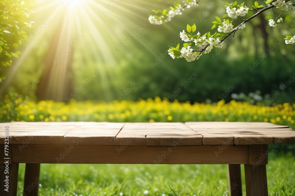 Naklejka premium Spring beautiful background with empty wooden table