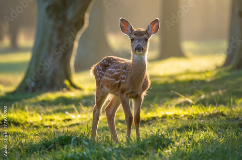 A fawn stands on a grassy field and looks at the camera. The sun shines brightly, bathing the stage in a warm light. Deer enjoying a sunny day photo