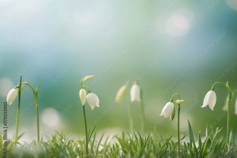 Abstract summer nature background with evenly trimmed short green grass and white lilies of the valley and a light blue blurred background in fine bokeh, copy space available