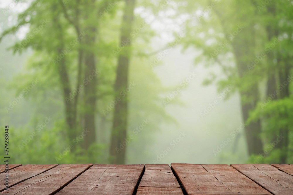 Green abstract blur nature background with wooden floor, copy space available Green abstract blur nature background with wooden floor, copy space available