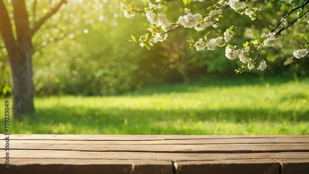 Spring beautiful background with empty wooden table Spring beautiful background with empty wooden table