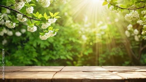 Spring beautiful background with empty wooden table