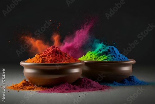 Indian festival Holi elements. Holi decoration element, Holi colors or powder in traditional pot isolated on transparent background. 